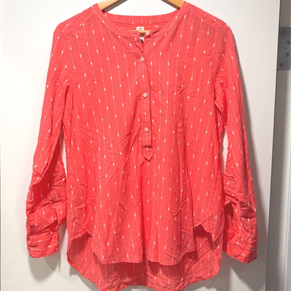 Loft Softened Shirt Womens Small Coral Pink Cotton Dobby Stripe Henley Top